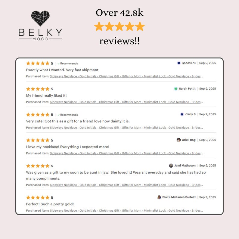 May include: A digital graphic displaying customer feedback for Belky Mood, featuring the text Over 42.8k reviews!! above a list of six five-star ratings. Each entry includes a username, date, and a brief written comment about a gold necklace.
