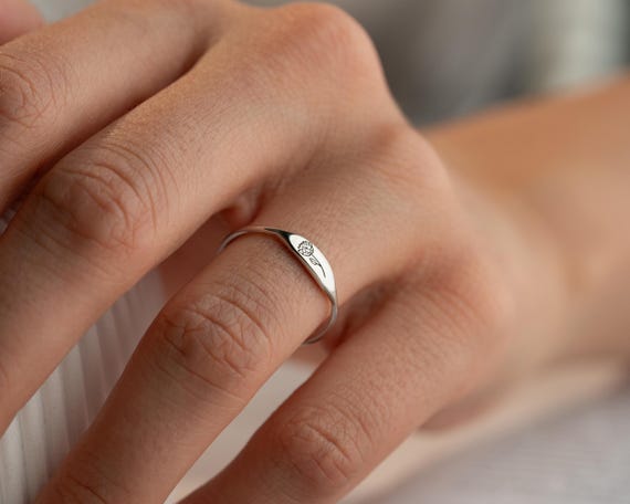 Dainty Birthflower Ring Gold Engraved Birthflower Ring, Birth Month Ring, Stackable Ring, August Birthflower Ring - Mothers Day Gift for Her