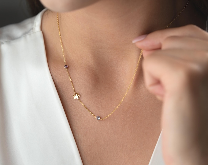 Sideways Paw Print Necklace with Birthstone