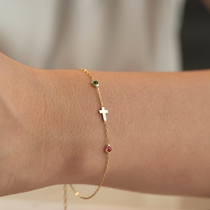 Custom Birthstone Cross Bracelet, Personalized Birthstone Bracelet with Cross Charm - Mothers Day Gift for Her