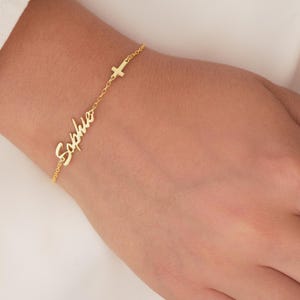 Personalized Name Bracelet with Cross Charm Bracelet with Name Plate Bracelet Gift for Mom Baptism Gift for Her, Christmas Gift