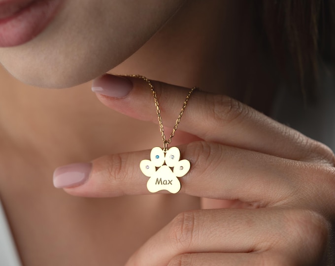 Birthstone Paw Necklace, Engraved Paw Print Necklace with Birthstone : Petlover Necklace