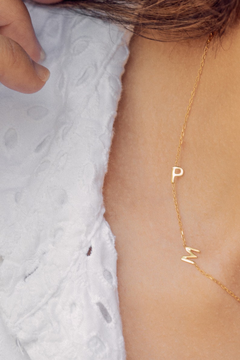 Sideways Necklace Gold Initials Christmas Gift Gifts for Mom Minimalist Look Gold Necklace Bridesmaids Gift Letter Necklace image 2