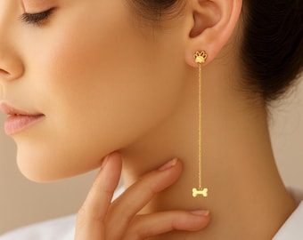 Dainty Threader Earrings Gold Threader Earrings Paw earrings with Bone Symbol Earrings Gift for Petlovers Best Friend Gift