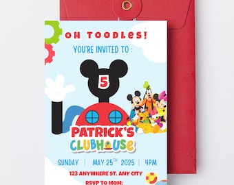 May include: A colorful invitation with a red envelope. The invitation features Mickey Mouse and friends, with the text "OH TOODLES!" and "PATRICK'S CLUBHOUSE". It includes event details: Sunday, May 25th, 2025, at 4 PM.