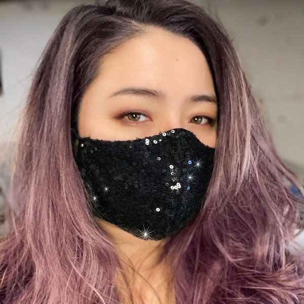 Black Sequin Contoured 100% Cotton Lined Face Mask Protective Double Layer Fabric Adults  Reusable Elastic Style Sequin Face Mask Blink mask