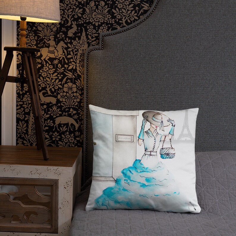 Paris Shopping Spree Throw Pillow fashion illustration, fashion design, Paris, Eiffel Tower, accent pillow, home decor
