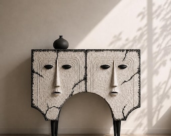 Wabi Sabi Console Table, Textured Face Cabinet, Cracked Plaster Finish, Japandi Sideboard