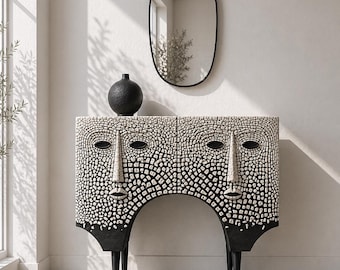 Handmade Tribal Face Mosaic Console Cabinet, Wabi Sabi Art Entryway Credenza