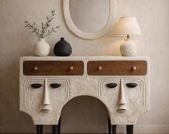 Wabi Sabi Sculptural Console Table, Tribal Face Cabinet, Japandi Brutalist Entryway Furniture