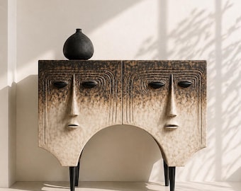 Wabi Sabi Face Console Table, Handmade Organic Textured Japandi Sideboard