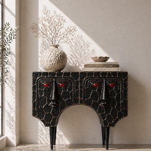 Handmade Black Tribal Face Console Cabinet, Red Eyes Sculptural Credenza, Gothic Wabi Sabi Entryway Table, Luxury Art Storage Furniture
