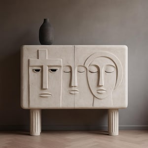Sculptural silent Face Console – Brutalist Tribal-Inspired Handmade Cabinet – Artistic Plaster console with Abstract Carved Figures