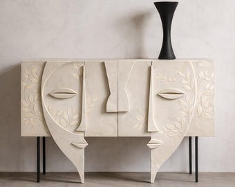 Wabi Sabi Console Table, Sculptural Face Sideboard, Minimalist Neutral Entryway Cabinet