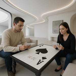 Table basse Ace of Spades - Table de jeu de cartes faite main avec pieds noirs, design artistico unico, decorazione minimalista moderna