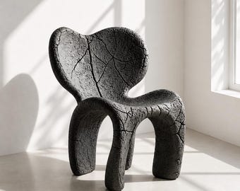 Sculptural Wabi Sabi Chair, Organic Black Tadelakt Seat, Handmade Art Furniture Piece