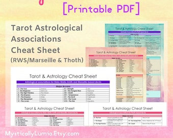May include: Printable tarot cheat sheets with astrological associations for Rider-Waite-Smith, Marseille, and Thoth decks. The cheat sheets are colorfully designed with pink, blue, and yellow backgrounds. The text is in black and white.
