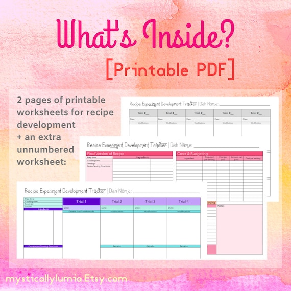 recipe experiment development tracker printable pdf worksheet etsy