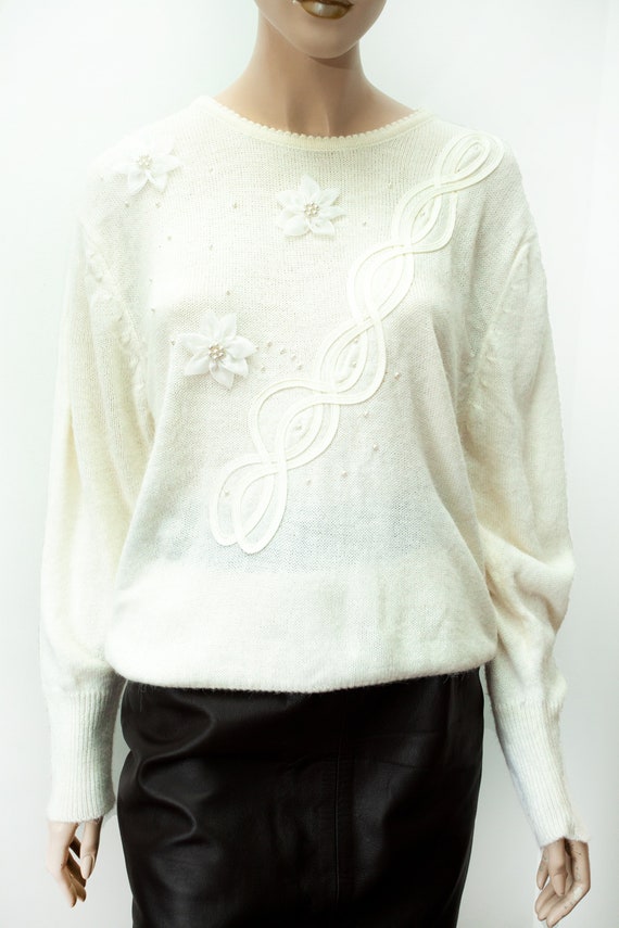SaintCurioVintage Vintage 80s Beaded Cream Knit Jumper.