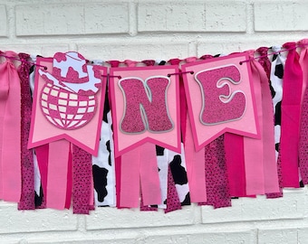 Disco Cowgirl High Chair Banner: Pink First Rodeo Party Decor