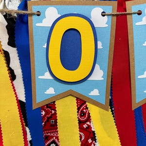 K&ouml;nnte beinhalten: Ein Banner mit einem Hintergrund aus blauem Himmel und wei&szlig;en Wolken. Die Zahl "0" ist gelb mit einem blauen Umriss. Das Banner ist mit roten, gelben und blauen Stoffstreifen verziert.