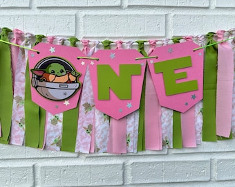 Baby Alien High Chair Banner: Pink & Green Fabric Garland