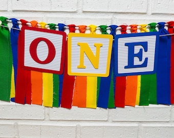Alphabet Block ONE High Chair Banner: Rainbow Fabric Garland