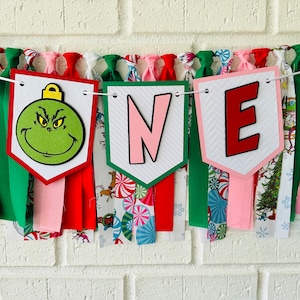 Christmas High Chair Banner * Pink and green Girl First Birthday * Pink Christmas One Banner * Christmas 1st Birthday