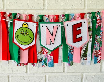 Pink Christmas High Chair Banner: Girl First Birthday Fabric Garland