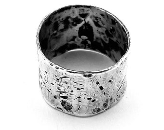 Textured Oxidised Sterling Silver 925 Wide Band Ring