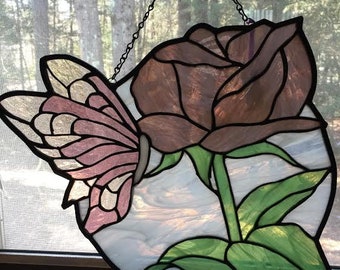 Stained Glass Rose with Butterfly