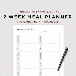 Planificateur de repas de 2 semaines, menu adultes et enfants, plan de menus, planificateur de nourriture, santé et remise en forme, imprimable, A4/A5/US Letter, téléchargement immédiat au format PDF