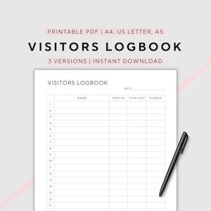 Libro de registro de visitantes, hoja de registro, registro de invitados, imprimible, tamaño A4/A5/carta de EE. UU., descarga instantánea en PDF
