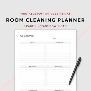 Room Cleaning Checklist, Cleaning Schedule, Daily Cleaning List,  Printable Planner, A4/A5/US Letter, Instant Download PDF
