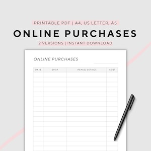 Onlineköpsspårare, utskrivbar, orderspårare, utgiftslista, A4/A5/US Letter, direktnedladdningsbar PDF