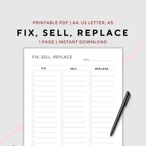 Może przedstawiać: Drukowana lista kontrolna z tytułem "FIX, SELL, REPLACE" i trzema kolumnami oznaczonymi jako "FIX", "SELL" i "REPLACE". Każda kolumna zawiera 20 pustych wierszy z polami wyboru obok każdego wiersza.