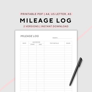 Carnet de bord, kilométrage professionnel, suivi du kilométrage, imprimable, format A4/A5/US Letter, téléchargement immédiat au format PDF
