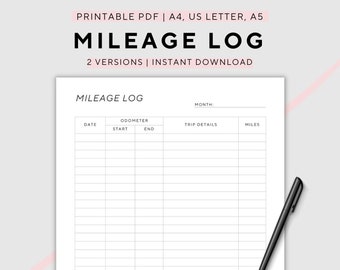 Mileage Log, Business Miles Tracker, Mileage Tracker, Printable, A4/A5/US Letter, Instant Download PDF