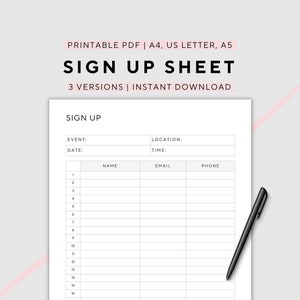 Sign Up Sheet, Volunteer Sign Up,  Printable, A4/A5/US Letter, Instant Download PDF
