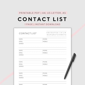 Contacts List, Phone Book Page, Printable, Address Book A4/A5/US Letter, Instant Download PDF