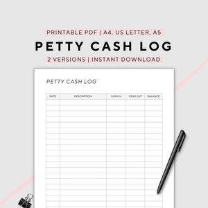 Registro de caja chica, pequeñas empresas, trabajo extra, trabajo desde casa, imprimible, tamaño A4/A5/carta de EE. UU., descarga instantánea en PDF