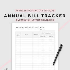 Jährlicher Bill Tracker, Jahresbudgets, Finazplaner, druckbar, A4/A5/US Letter, Sofort-Download PDF