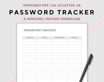 Password Tracker, Password Log, Password Keeper, Password Organizer, Password Sheet, A4/A5/US Letter, Instant Download PDF