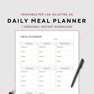 Planificateur de repas quotidien, plan de menus, planificateur alimentaire, santé et forme physique, imprimable, lettre A4/A5/US, téléchargement immédiat PDF
