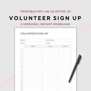 Volunteer Sign Up, Sign up Sheet, Helper Sign Up, Printable, A4/A5/US Letter, Instant Download PDF