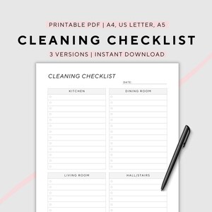 Home Cleaning Checklist, Home Organisation, Cleaning Planner,  House Cleaning, Printable,  A4/A5/US Letter, Instant Download PDF