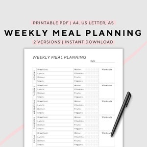 Tygodniowe planowanie posiłków, plan menu, planer żywności, zdrowie i fitness, do druku, A4/A5/US Letter, natychmiastowe pobieranie pliku PDF