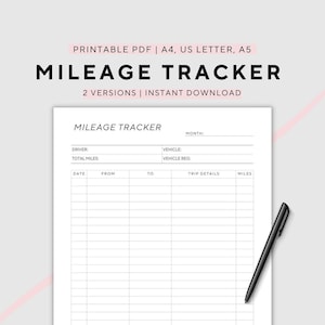 Suivi du kilométrage, kilométrage professionnel, kilométrage parcouru, imprimable, format A4/A5/US Letter, téléchargement immédiat au format PDF
