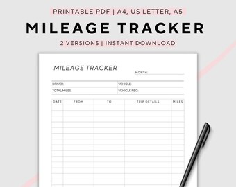 Mileage Tracker, Business Mileage Log, Mileage Record, Printable, A4/A5/US Letter, Instant Download PDF