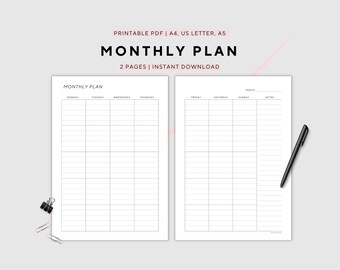 Planejador mensal, calendário 2026, mês em 2 páginas, resumo do mês, calendário pautado, para impressão, A4/A5/US Letter, download instantâneo em PDF